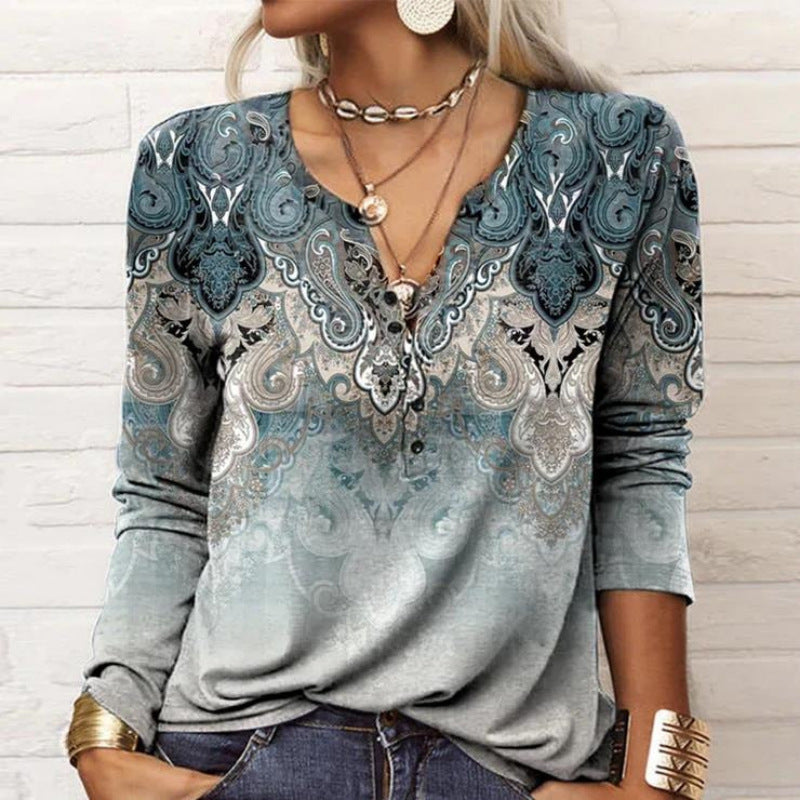 Wholesale autumn and winter women's long sleeve printed national fashion T-shirt